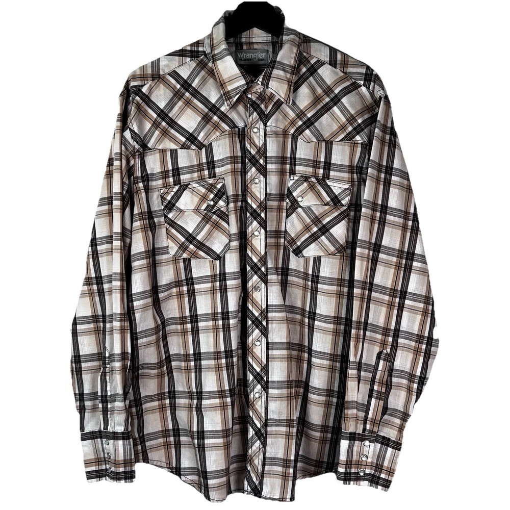 Wrangler Wrancher Mens Western Pearl Snap Shirt Plaid Brown Tan Long‎ Sleeve L